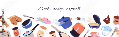 Banner design with border from different kitchen utensils and appliances. Template with bottom frame from various kitchenware, cookware, accessories and tools for cooking. Flat vector illustration