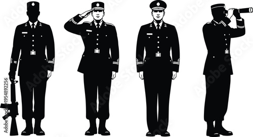 Military personnel silhouette illustration with rifle, salute, attention, binoculars, uniformed soldiers concept representing discipline, respect, vigilance, 