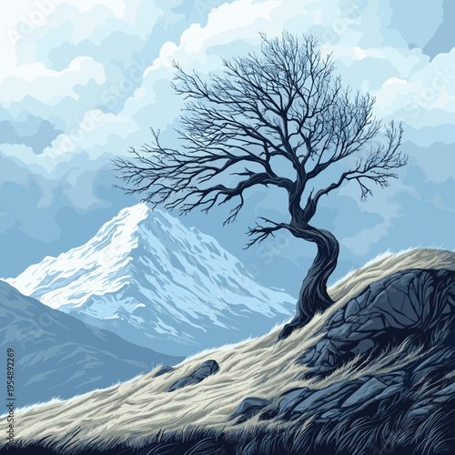 Windswept tree standing alone on a grassy hill with a dramatic snow-covered mountain peak in the background under moody skies , vector style simple color