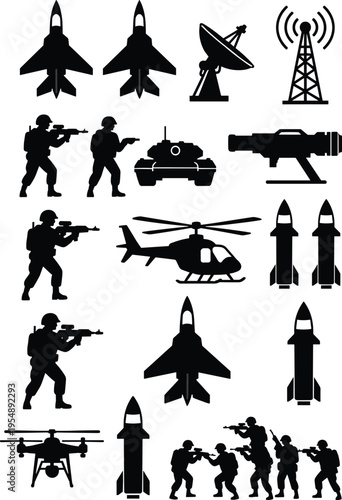 Military silhouette icons featuring fighter jets, soldiers, tank, helicopter, missiles, drone, satellite dish, and radio tower for defense, war, combat, and technology illustrations