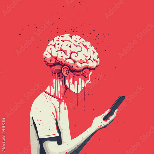 Human with brain rot in head seeing low quality content from smartphone screen