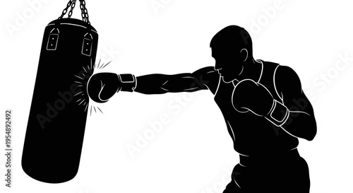 Silhouette of a Boxer Training with a Heavy Punching Bag