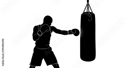 Silhouette of a Boxer Training with a Heavy Punching Bag