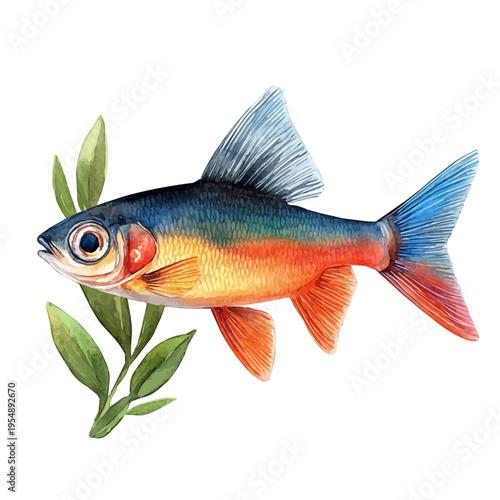 Neon Tetra, watercolor clipart vector, isolated on a white background.