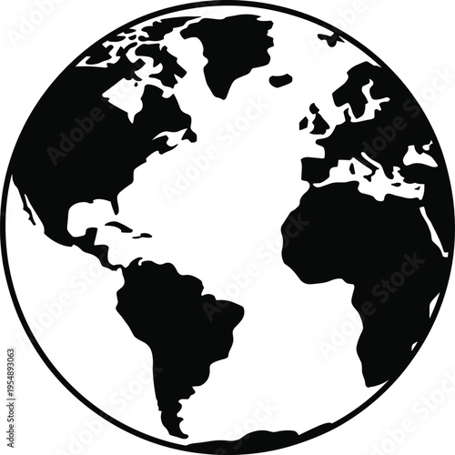 Minimalist black and white Earth silhouette illustration showing Atlantic Ocean continents, global awareness concept, educational geography design, environmental sustainability symbol, international 