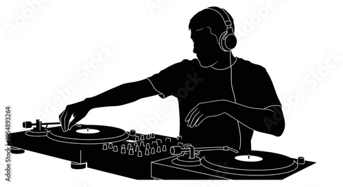 Black and White Silhouette of a DJ Mixing Music on Turntables