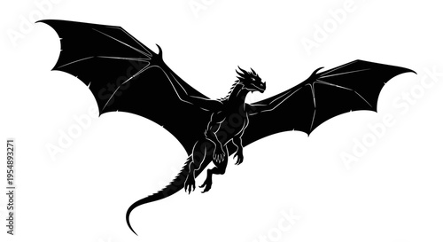 Black Silhouette of a Flying Dragon Isolated on White
