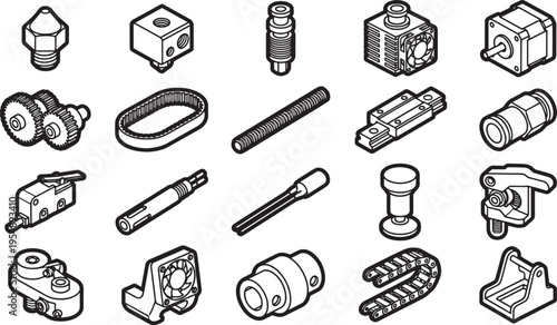 Showcasing a collection of meticulously illustrated 3D printing components, perfect for educational or technical projects.