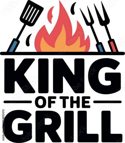 King of the Grill with Spatula and Forks over Flames