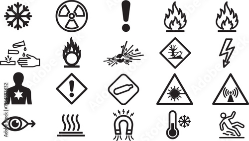A comprehensive visual guide featuring an array of international hazard warning symbols and signs.
