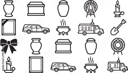 A selection of somber funeral elements, including urns, coffins, wreaths, a hearse, and candles. Conveying respect, loss, and remembrance.