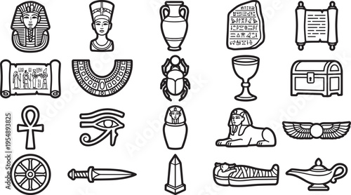Ancient Egyptian symbols and artifacts rendered in a stylized, modern monochrome graphic. This vector design encapsulates a rich tapestry of history, art, and cultural significance.