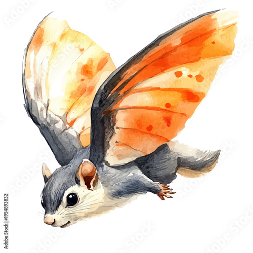Flying Squirrel, watercolor painting vector, isolated on a white background.