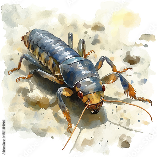 Earwig, watercolor illustration vector, isolated on a white background.