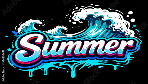 Vector illustration with the word Summer written on a black background in a bold, avant-garde graffiti style with 3D effects of abstract ocean wave elements.