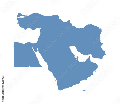 Blue map of Middle East countries isolated on white background, flat vector illustration