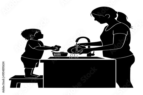 Child Helping Mother Wash Dishes Kitchen Chores Responsibility Learning Skills Black Vector Silhouette