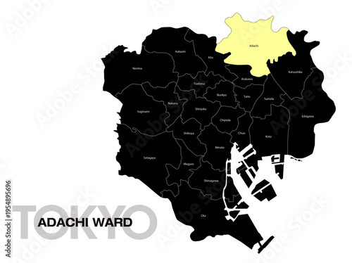 東京都足立区の位置地図 区名有り(英語) 03