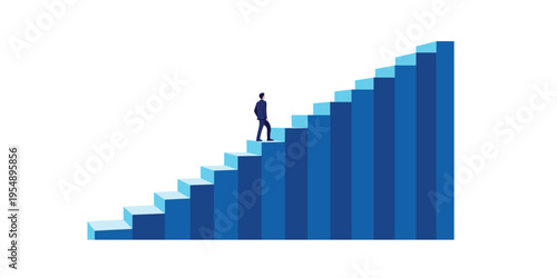 A professional businessman walking up a rising blue staircase representing growth and success Vector