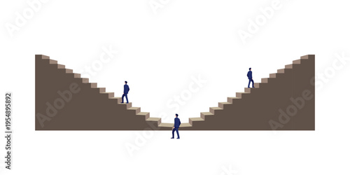 Businessmen walking on a v-shaped staircase representing different paths and career development Vector