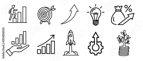 A collection of ten simple line art icons representing business growth and financial development Vector