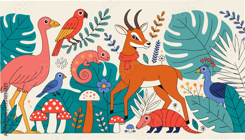 Cute Cartoon Style Safari Creatures Set Featuring Animals, Plants, and Mushrooms