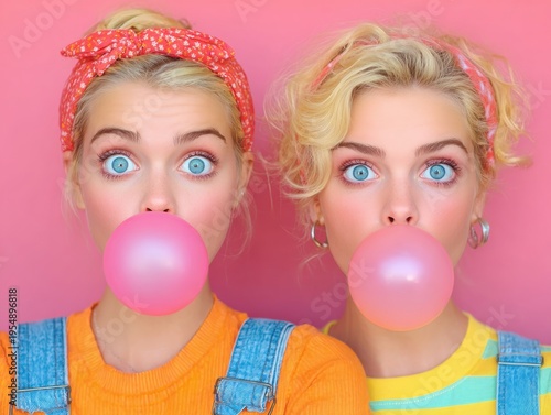 Nostalgia and retro style with two young women blowing bubble gum A playful and fun moment highlighting youthful energy and millennial culture The friends share a joyful experience.