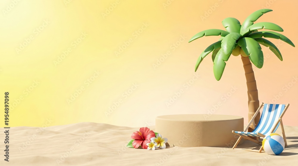 Obraz premium 3D Rendered Beach Scene with Palm Tree and Podium on Sand