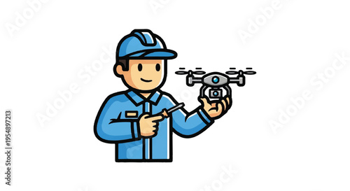Technician with drone cartoon illustration for technology and aerial photography