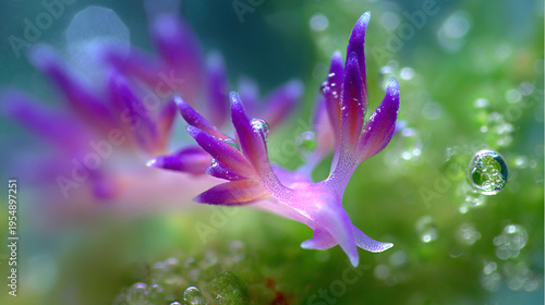 Close-up of delicate purple flower petals with dew drops in soft focus background