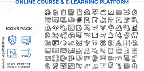 Online Course E-Learning Platform Icon Set Pack - Virtual Classroom LMS Student Progress Video Lecture Quiz Certificate Enrollment Digital Education Pixel Perfect Editable Stroke Outline UI Vector