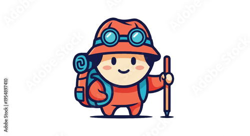 Cartoon traveler with backpack and hiking stick on white background