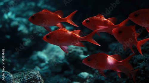 Group of red tropical fish swimming near coral reef