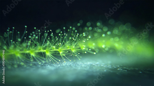 Close-up of glowing green plant with dewdrops in low light