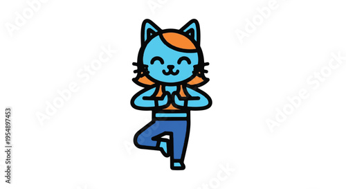 Cartoon cat practicing yoga in standing pose isolated