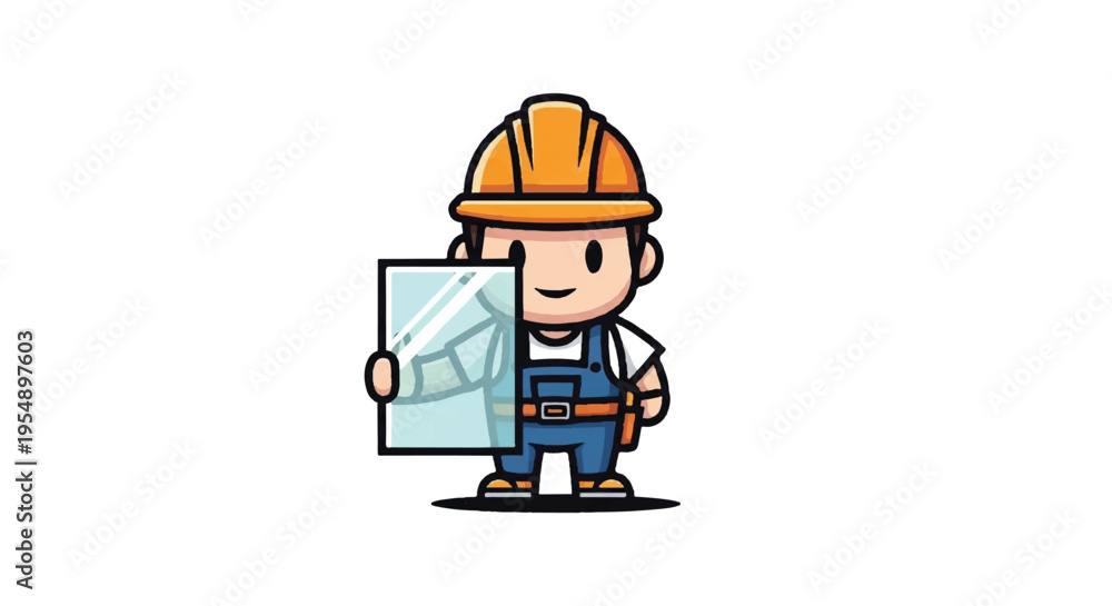 Obraz premium Cartoon construction worker holding glass panel on white background