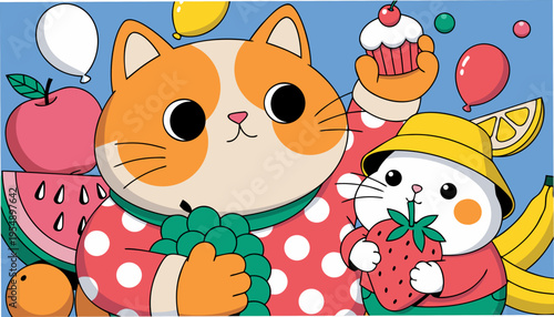 Cute Chubby Cartoon Animal Characters Including a Cat Holding Grapes and a Hamster With Strawberry