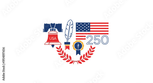Stylized illustration of the Liberty Bell feather and flag elements to celebrate 250 years of the USA