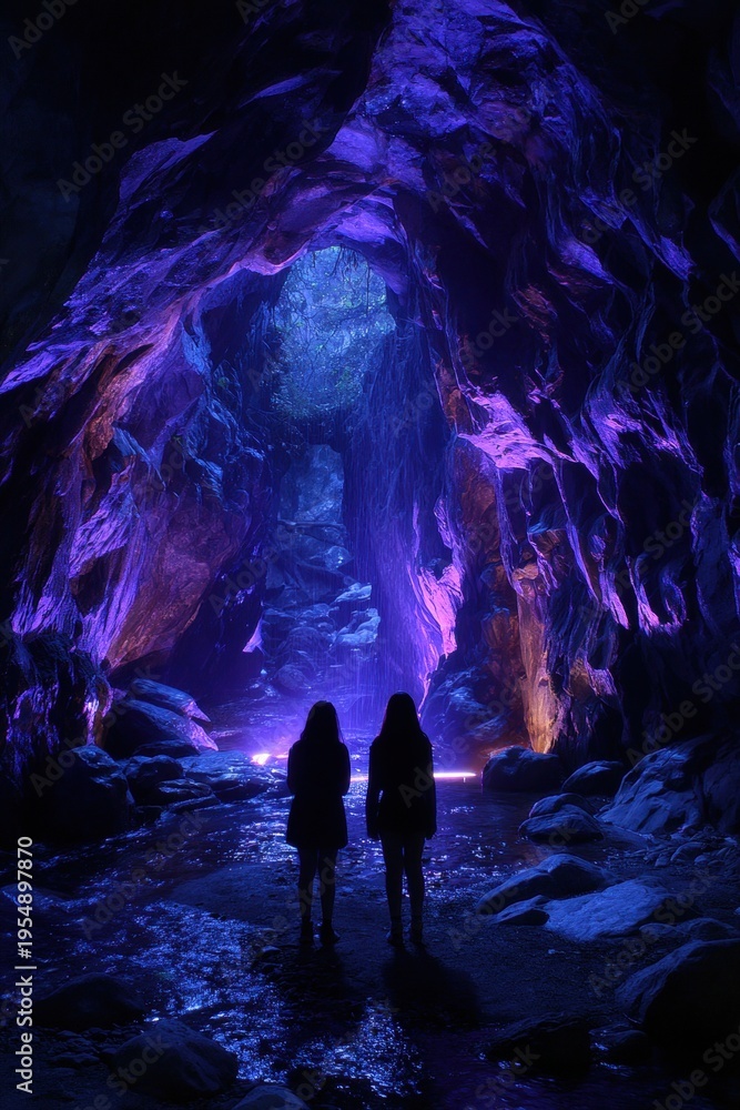 Fototapeta premium Exploration and discovery with two people standing in a glowing cave with purple and blue lights.