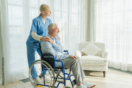 Help support retirement healthcare. Nurse helping old man in wheelchair. Patient and woman in nursing home for medical caregiver. Nurse taking care of paralyzed man in chair for people with disability