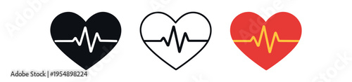 Three heart icons with a heartbeat line appear in solid black, outline, and red colored versions.