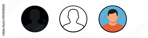 Three user avatar icons show a circular profile silhouette in black, outline, and a colored illustrated version.