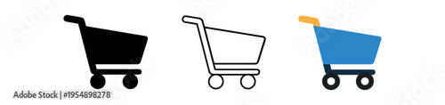 Three shopping cart icons displayed in solid black, outline, and colored styles with visible wheels.