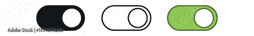 Three rounded toggle switch icons shown in solid black, outline, and colored styles indicating on and off states.