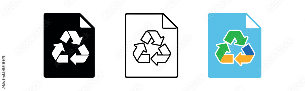 Obraz premium Three document icons showing a recycle symbol in solid black, outline, and colorful versions.