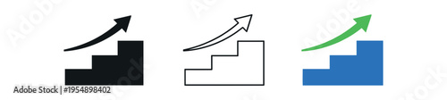 Three ascending stairs chart icons with an arrow indicating growth shown in black, outline and colored styles.
