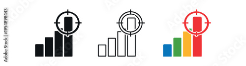 Three bar chart icons with a circular target over the highest bar shown in black, outline and colored styles.