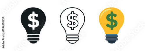 Three light bulb icons each showing a dollar sign in solid black, outline, and colored styles.