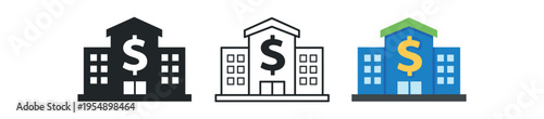 Three bank building icons featuring a prominent dollar sign in solid black, outline, and colored versions.