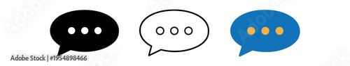 Three speech bubble icons with an ellipsis inside displayed in solid black, outline, and colored versions.